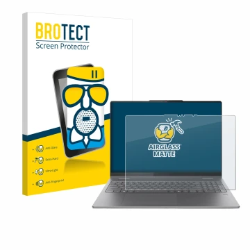 Parte frontal de un envase de producto con el logotipo de la marca BROTECT. Al lado se muestra el dispositivo Lenovo Yoga 7 2-