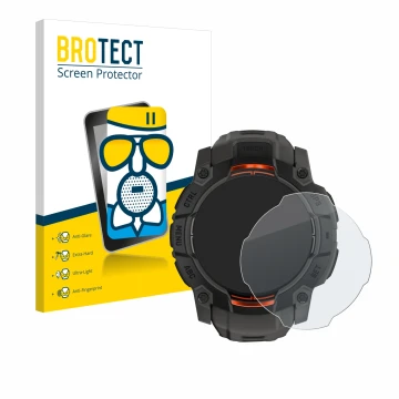 Parte frontal de un envase de producto con el logotipo de la marca BROTECT. Al lado se muestra el dispositivo Garmin Instinct 