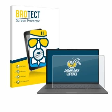 Parte frontal de un envase de producto con el logotipo de la marca BROTECT. Al lado se muestra el dispositivo ASUS ZenBook A14