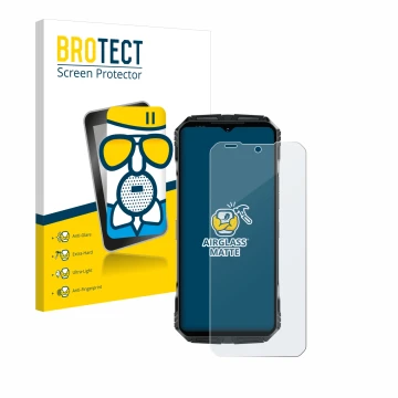 Parte frontal de un envase de producto con el logotipo de la marca BROTECT. Al lado se muestra el dispositivo Doogee S118 Pro 