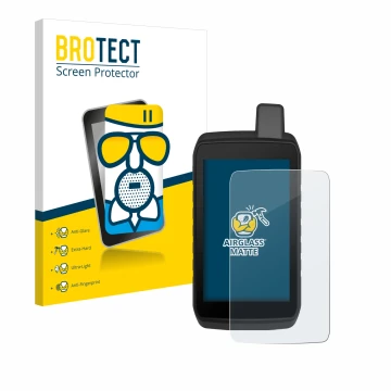 Parte frontal de un envase de producto con el logotipo de la marca BROTECT. Al lado se muestra el dispositivo Garmin Montana 7