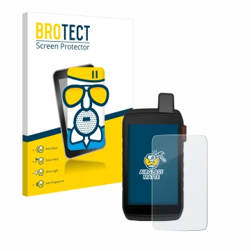 Parte frontal de un envase de producto con el logotipo de la marca BROTECT. Al lado se muestra el dispositivo Garmin Montana 7