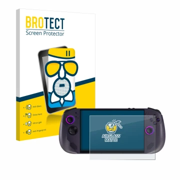 Parte frontal de un envase de producto con el logotipo de la marca BROTECT. Al lado se muestra el dispositivo Lenovo Legion Go