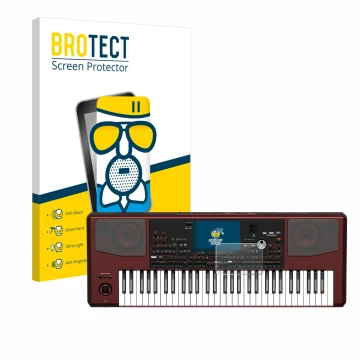 Parte frontal de un envase de producto con el logotipo de la marca BROTECT. Al lado se muestra el dispositivo KORG Pa700 con s