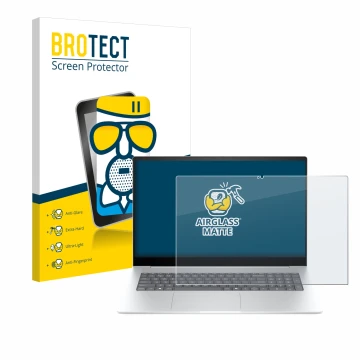 Parte frontal de un envase de producto con el logotipo de la marca BROTECT. Al lado se muestra el dispositivo HP Envy 17-da077
