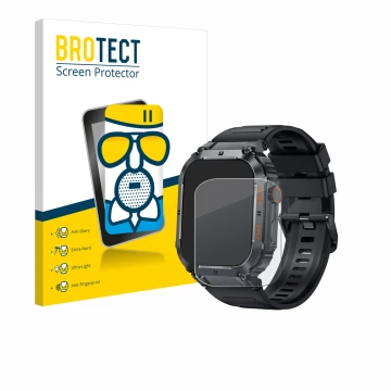 Parte frontal de un envase de producto con el logotipo de la marca BROTECT. Al lado se muestra el dispositivo bedee Smartwatch