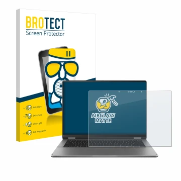 Parte frontal de un envase de producto con el logotipo de la marca BROTECT. Al lado se muestra el dispositivo ASUS Vivobook 14