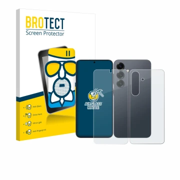 Parte frontal de un envase de producto con el logotipo de la marca BROTECT. Al lado se muestra el dispositivo Samsung Galaxy S
