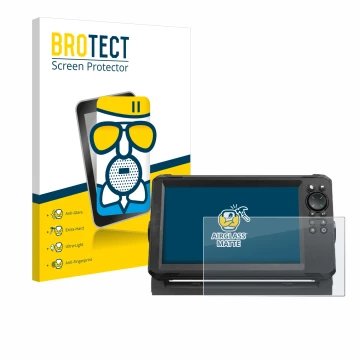 Parte frontal de un envase de producto con el logotipo de la marca BROTECT. Al lado se muestra el dispositivo Lowrance Eagle 9