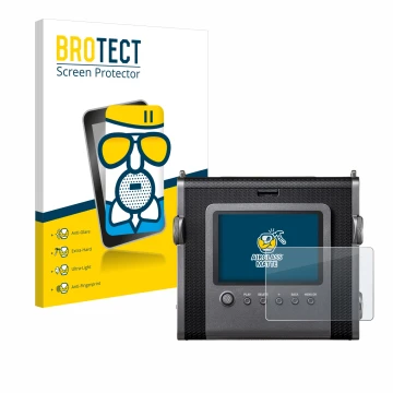 Parte frontal de un envase de producto con el logotipo de la marca BROTECT. Al lado se muestra el dispositivo Fujifilm Instax 