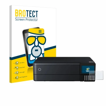 Parte frontal de un envase de producto con el logotipo de la marca BROTECT. Al lado se muestra el dispositivo Epson EcoTank ET