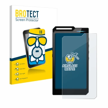 Parte frontal de un envase de producto con el logotipo de la marca BROTECT. Al lado se muestra el dispositivo Hiby R4 con su p