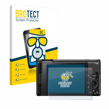 Parte frontal de un envase de producto con el logotipo de la marca BROTECT. Al lado se muestra el dispositivo Sony ZV-1A con s