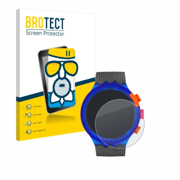 Parte frontal de un envase de producto con el logotipo de la marca BROTECT. Al lado se muestra el dispositivo Swatch Neon Part