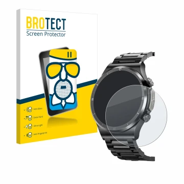Parte frontal de un envase de producto con el logotipo de la marca BROTECT. Al lado se muestra el dispositivo Banlvs Smartwatc