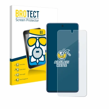 Parte frontal de un envase de producto con el logotipo de la marca BROTECT. Al lado se muestra el dispositivo Vivo V50 con su 