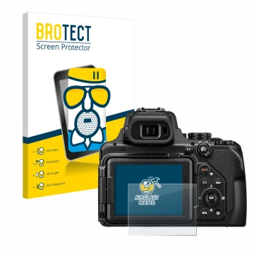 Parte frontal de un envase de producto con el logotipo de la marca BROTECT. Al lado se muestra el dispositivo Nikon Coolpix P1