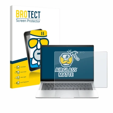 Parte frontal de un envase de producto con el logotipo de la marca BROTECT. Al lado se muestra el dispositivo HP EliteBook X F