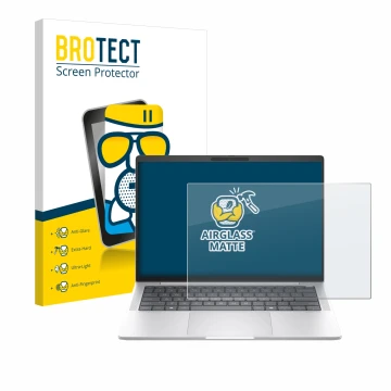 Parte frontal de un envase de producto con el logotipo de la marca BROTECT. Al lado se muestra el dispositivo HP EliteBook 104