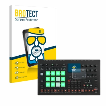 Parte frontal de un envase de producto con el logotipo de la marca BROTECT. Al lado se muestra el dispositivo Elektron Analog 