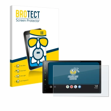 Parte frontal de un envase de producto con el logotipo de la marca BROTECT. Al lado se muestra el dispositivo Pioneer SPH-DA77