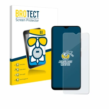 Parte frontal de un envase de producto con el logotipo de la marca BROTECT. Al lado se muestra el dispositivo ZTE Blade A35e c