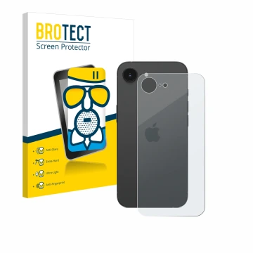 Parte frontal de un envase de producto con el logotipo de la marca BROTECT. Al lado se muestra el dispositivo Apple iPhone 16e