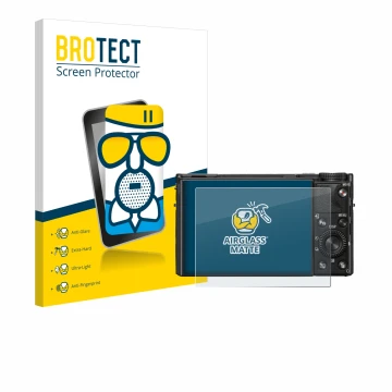 Parte frontal de un envase de producto con el logotipo de la marca BROTECT. Al lado se muestra el dispositivo Sony Cyber-Shot 