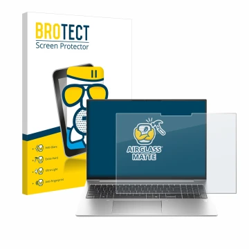 Parte frontal de un envase de producto con el logotipo de la marca BROTECT. Al lado se muestra el dispositivo HP EliteBook 835