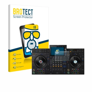 Parte frontal de un envase de producto con el logotipo de la marca BROTECT. Al lado se muestra el dispositivo Pioneer XDJ-AZ c