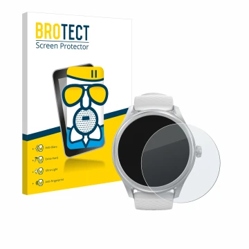Parte frontal de un envase de producto con el logotipo de la marca BROTECT. Al lado se muestra el dispositivo Hama Smartwatch 