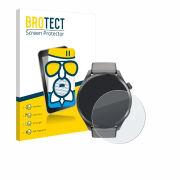 Parte frontal de un envase de producto con el logotipo de la marca BROTECT. Al lado se muestra el dispositivo Hama Smartwatch 