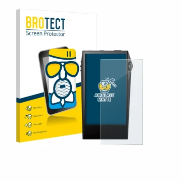 Parte frontal de un envase de producto con el logotipo de la marca BROTECT. Al lado se muestra el dispositivo Astell&Kern SP30