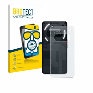 Parte frontal de un envase de producto con el logotipo de la marca BROTECT. Al lado se muestra el dispositivo Nothing Phone (3