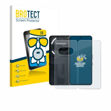 Parte frontal de un envase de producto con el logotipo de la marca BROTECT. Al lado se muestra el dispositivo Nothing Phone (3