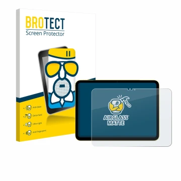 Parte frontal de un envase de producto con el logotipo de la marca BROTECT. Al lado se muestra el dispositivo Apple iPad Air 1