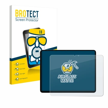 Parte frontal de un envase de producto con el logotipo de la marca BROTECT. Al lado se muestra el dispositivo Apple iPad Air 1