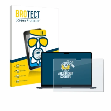 Parte frontal de un envase de producto con el logotipo de la marca BROTECT. Al lado se muestra el dispositivo Apple MacBook Ai