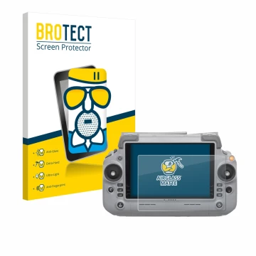 Parte frontal de un envase de producto con el logotipo de la marca BROTECT. Al lado se muestra el dispositivo DJI RC Plus 2 co