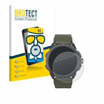 Parte frontal de un envase de producto con el logotipo de la marca BROTECT. Al lado se muestra el dispositivo Hammer Watch 2 M