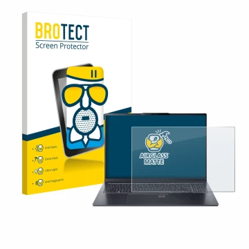 Parte frontal de un envase de producto con el logotipo de la marca BROTECT. Al lado se muestra el dispositivo Acer Swift Go 16