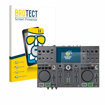 Parte frontal de un envase de producto con el logotipo de la marca BROTECT. Al lado se muestra el dispositivo Denon DJ Prime G