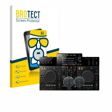 Parte frontal de un envase de producto con el logotipo de la marca BROTECT. Al lado se muestra el dispositivo Pioneer XDJ -RR 