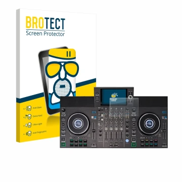 Parte frontal de un envase de producto con el logotipo de la marca BROTECT. Al lado se muestra el dispositivo Denon DJ SC LIVE