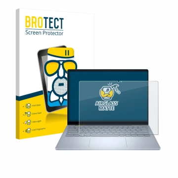 Parte frontal de un envase de producto con el logotipo de la marca BROTECT. Al lado se muestra el dispositivo Dell 14 Plus 2-i