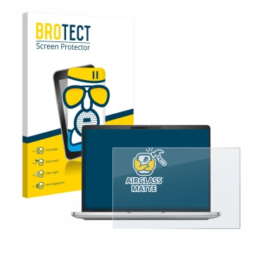 Parte frontal de un envase de producto con el logotipo de la marca BROTECT. Al lado se muestra el dispositivo Dell Pro 13 Plus