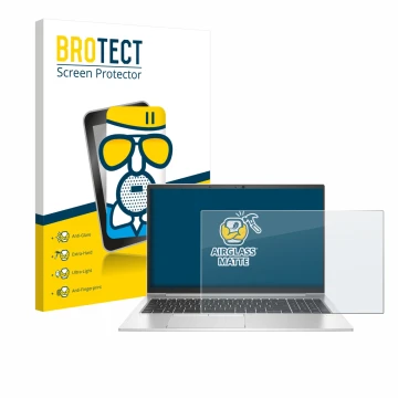 Parte frontal de un envase de producto con el logotipo de la marca BROTECT. Al lado se muestra el dispositivo HP EliteBook 855