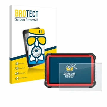 Parte frontal de un envase de producto con el logotipo de la marca BROTECT. Al lado se muestra el dispositivo Launch X-431 PRO