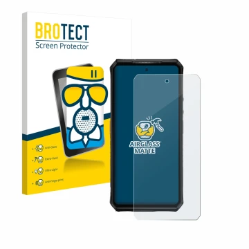Parte frontal de un envase de producto con el logotipo de la marca BROTECT. Al lado se muestra el dispositivo Ulefone Armor 28