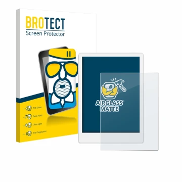 Parte frontal de un envase de producto con el logotipo de la marca BROTECT. Al lado se muestra el dispositivo Meebook M8 7.8